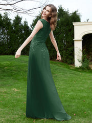 A-Line Chiffon Dress with Flower Appliqued Dark Green