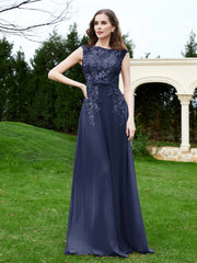 A-Line Chiffon Dress with Flower Appliqued Dark Navy Plus Size