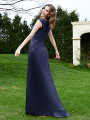 A-Line Chiffon Dress with Flower Appliqued Dark Navy Plus Size