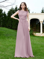 A-Line Chiffon Dress with Flower Appliqued Dusk