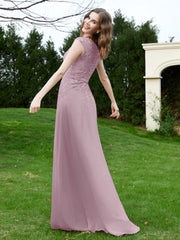 A-Line Chiffon Dress with Flower Appliqued Dusk