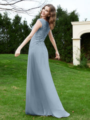 A-Line Chiffon Dress with Flower Appliqued Dusty Blue