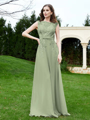 A-Line Chiffon Dress with Flower Appliqued Dusty Sage