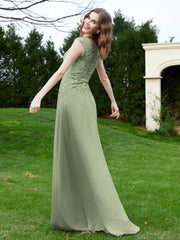 A-Line Chiffon Dress with Flower Appliqued Dusty Sage