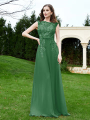 A-Line Chiffon Dress with Flower Appliqued Emerald