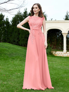 A-Line Chiffon Dress with Flower Appliqued Flamingo