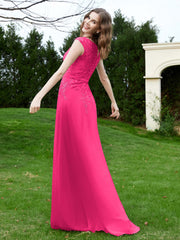 A-Line Chiffon Dress with Flower Appliqued Fuchsia