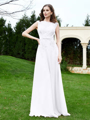 A-Line Chiffon Dress with Flower Appliqued White