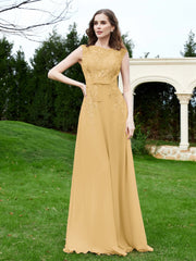 A-Line Chiffon Dress with Flower Appliqued Gold