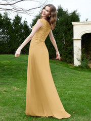 A-Line Chiffon Dress with Flower Appliqued Gold Plus Size