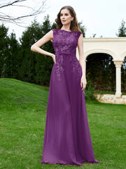 A-Line Chiffon Dress with Flower Appliqued Grape