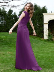 A-Line Chiffon Dress with Flower Appliqued Grape