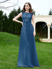 A-Line Chiffon Dress with Flower Appliqued Ink Blue Plus Size