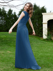 A-Line Chiffon Dress with Flower Appliqued Ink Blue Plus Size