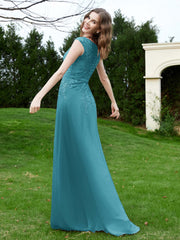 A-Line Chiffon Dress with Flower Appliqued Jade
