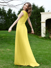 A-Line Chiffon Dress with Flower Appliqued Lemon