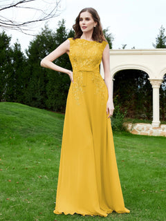 A-Line Chiffon Dress with Flower Appliqued Marigold