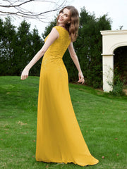 A-Line Chiffon Dress with Flower Appliqued Marigold