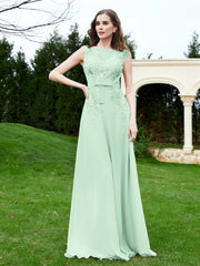 A-Line Chiffon Dress with Flower Appliqued Mint Green Plus Size