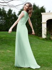 A-Line Chiffon Dress with Flower Appliqued Mint Green