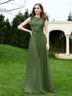 A-Line Chiffon Dress with Flower Appliqued Moss