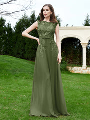 A-Line Chiffon Dress with Flower Appliqued Olive Green