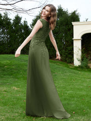 A-Line Chiffon Dress with Flower Appliqued Olive Green