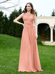 A-Line Chiffon Dress with Flower Appliqued Papaya