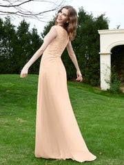 A-Line Chiffon Dress with Flower Appliqued Peach Plus Size