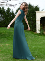 A-Line Chiffon Dress with Flower Appliqued Peacock Plus Size