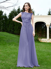 A-Line Chiffon Dress with Flower Appliqued Periwinkle