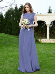 A-Line Chiffon Dress with Flower Appliqued Periwinkle