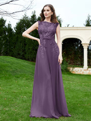 A-Line Chiffon Dress with Flower Appliqued Plum