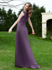 A-Line Chiffon Dress with Flower Appliqued Plum