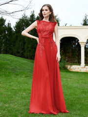 A-Line Chiffon Dress with Flower Appliqued Red