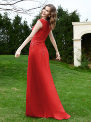 A-Line Chiffon Dress with Flower Appliqued Red