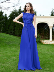 A-Line Chiffon Dress with Flower Appliqued Royal Blue