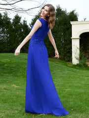 A-Line Chiffon Dress with Flower Appliqued Royal Blue