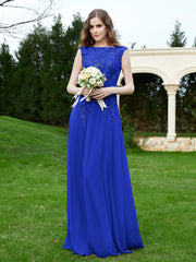 A-Line Chiffon Dress with Flower Appliqued Royal Blue