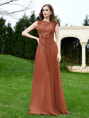 A-Line Chiffon Dress with Flower Appliqued Rust