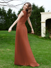 A-Line Chiffon Dress with Flower Appliqued Rust Plus Size