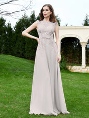 A-Line Chiffon Dress with Flower Appliqued Silver