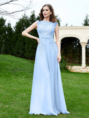A-Line Chiffon Dress with Flower Appliqued Sky Blue