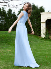 A-Line Chiffon Dress with Flower Appliqued Sky Blue Plus Size