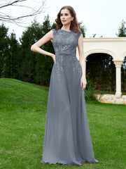 A-Line Chiffon Dress with Flower Appliqued Slate Blue Plus Size