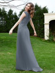 A-Line Chiffon Dress with Flower Appliqued Slate Blue Plus Size