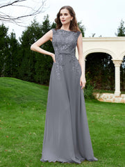 A-Line Chiffon Dress with Flower Appliqued Steel Grey