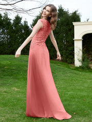 A-Line Chiffon Dress with Flower Appliqued Sunset