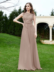 A-Line Chiffon Dress with Flower Appliqued Taupe