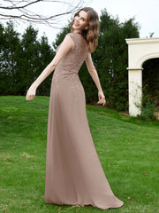 A-Line Chiffon Dress with Flower Appliqued Taupe